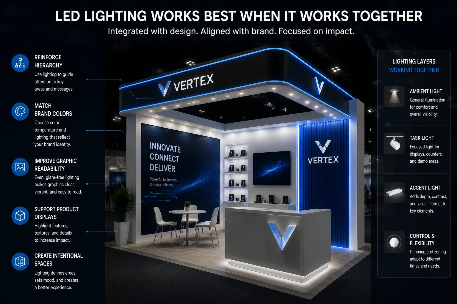 LED lighting integrated with trade show booth graphics and product displays